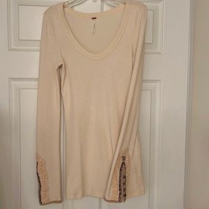 Free People waffle shirt with lace embroidered sleeve